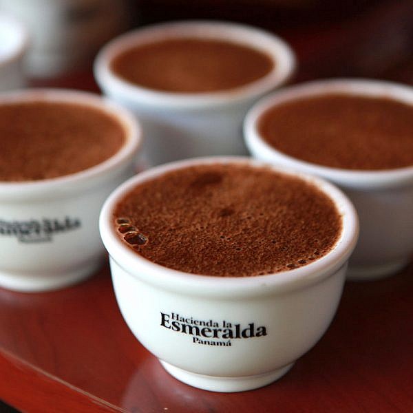 Hacienda La Esmeralda "Geisha" coffee in branded cups