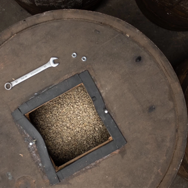 Coffee beans stored in rum barrel